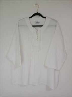Cottonseed White Lace-Up Tunic Top 3/4 Sleeves 100% Cotton Size L Womens